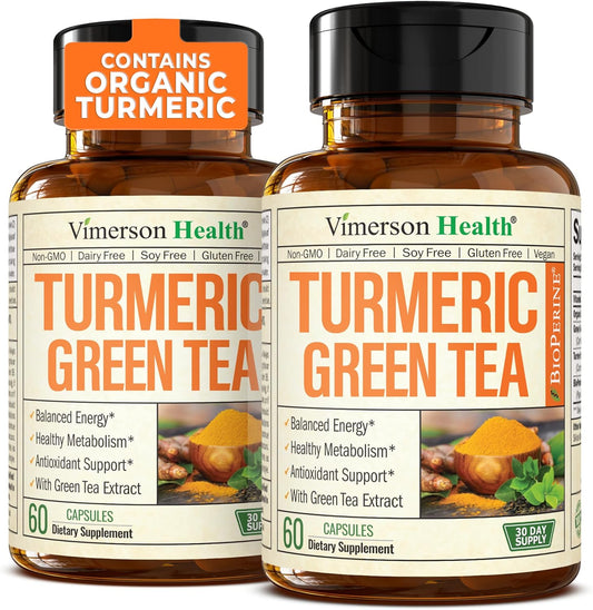 Turmeric Supplement & Green Tea Extract Capsules. Green Tea Supplement with Organic Turmeric Curcumin with Black Pepper & Vitamin C for Joint Health, Antioxidant Support & Healthy Metabolism. 2 Pack