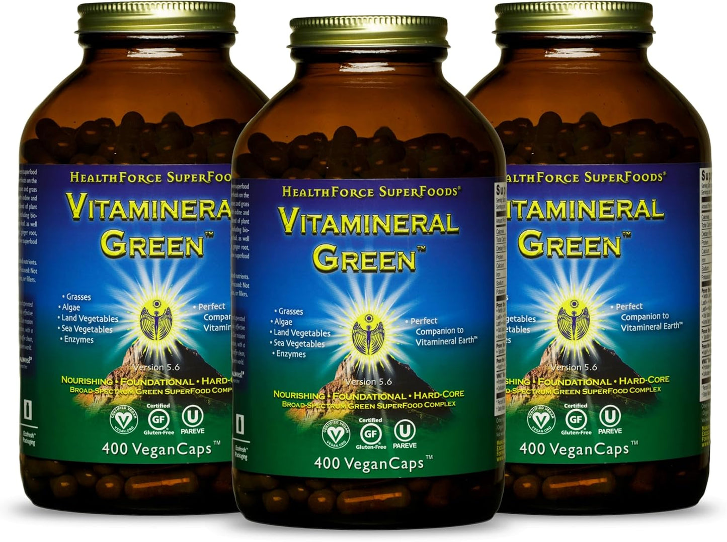 HEALTHFORCE SUPERFOODS Vitamineral Green - Mineral Supplement for Immune & Thyroid Support - Green Powder Supplement with Ingredients from The Land - Gluten-Free & Vegan - 400 Capsules (Pack of 3)