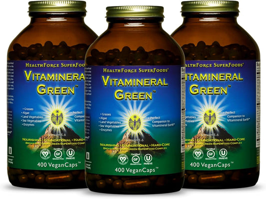 HEALTHFORCE SUPERFOODS Vitamineral Green - Mineral Supplement for Immune & Thyroid Support - Green Powder Supplement with Ingredients from The Land - Gluten-Free & Vegan - 400 Capsules (Pack of 3)