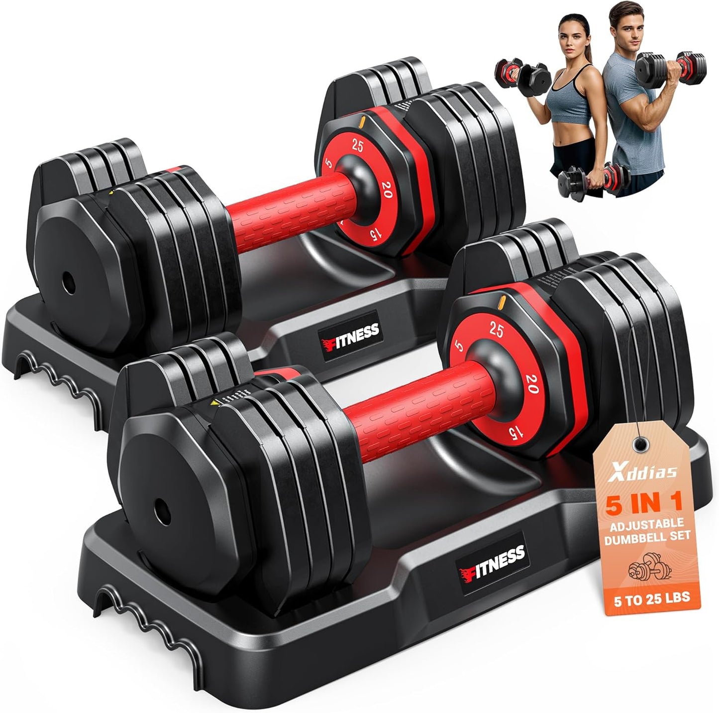 XDDIAS Adjustable Dumbbell Set of 2-25LB/55LB Set-1Sec Adjustable Dumbbell Weights-5 in 1 Free Weights Dumbbells Set with Effortless Tray/No-Slip Handle-Compact Size for Women/Men at Home Gym