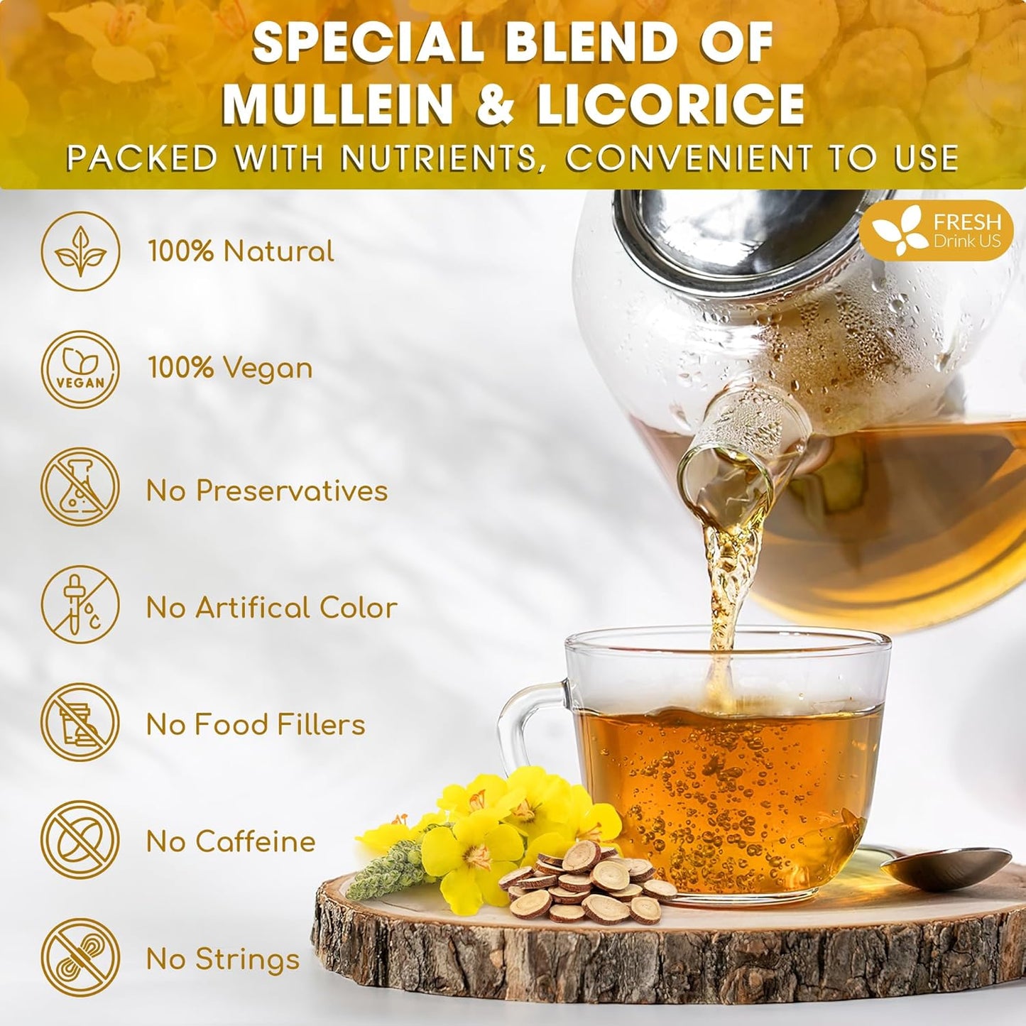 FreshDrinkUS, Premium 75 Mullein Licorice Tea Bags, 100% Natural, Blend of Mullein Leaves, and Licorice Root. Made with Natural Material Tea Bags. No Sugar, Vegan.