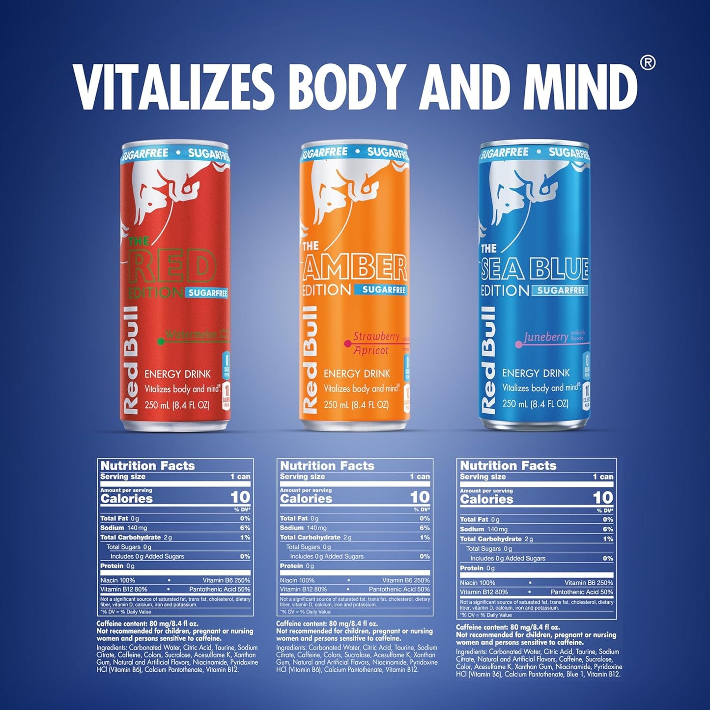 Red Bull Energy Drink Sugar Free Variety Pack, Red, Amber, and Sea Blue, with 80mg Caffeine, Taurine & B Vitamins, 8.4 fl. oz., 2 x 12 pack, 24 Cans Case