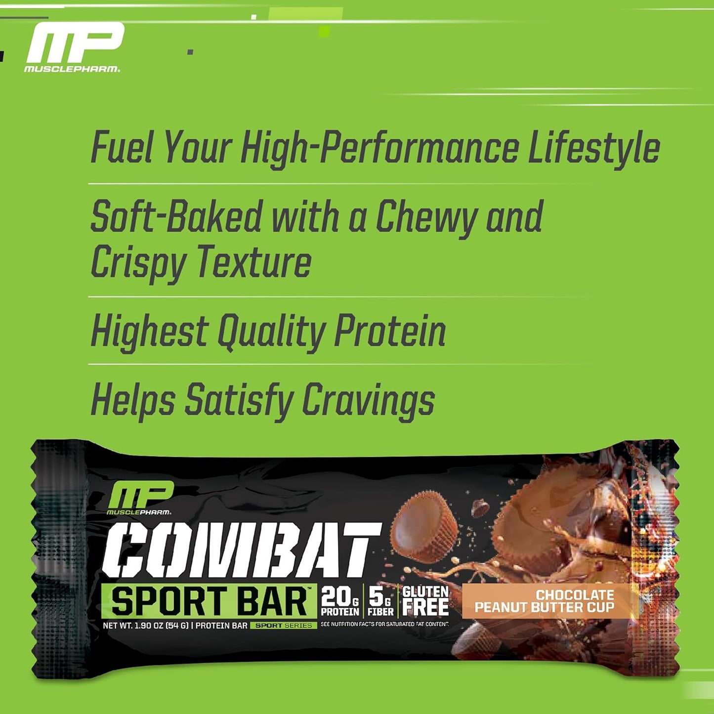 MusclePharm Combat Sport Bar, Chocolate Peanut Butter Cup, High Protein Bars, Combat Cravings, Fuel Performance & Meet Energy Demands, 20g Protein from Whey Protein, 5g Fiber, Gluten Free, 12 Bars