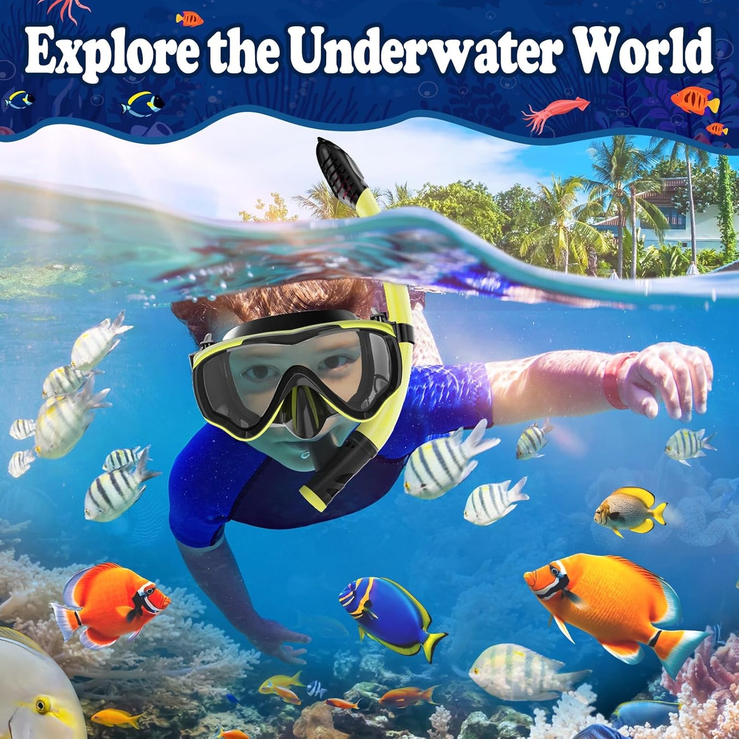 U PHITNIS Kids Snorkel Set for Age 4-14 - Dry Top Snorkeling Gear for Kids Junior & Youth - Childs Diving Mask with Big Eyes for Boys Girls - Anti-Fog Snorkeling Mask and Snorkel Set