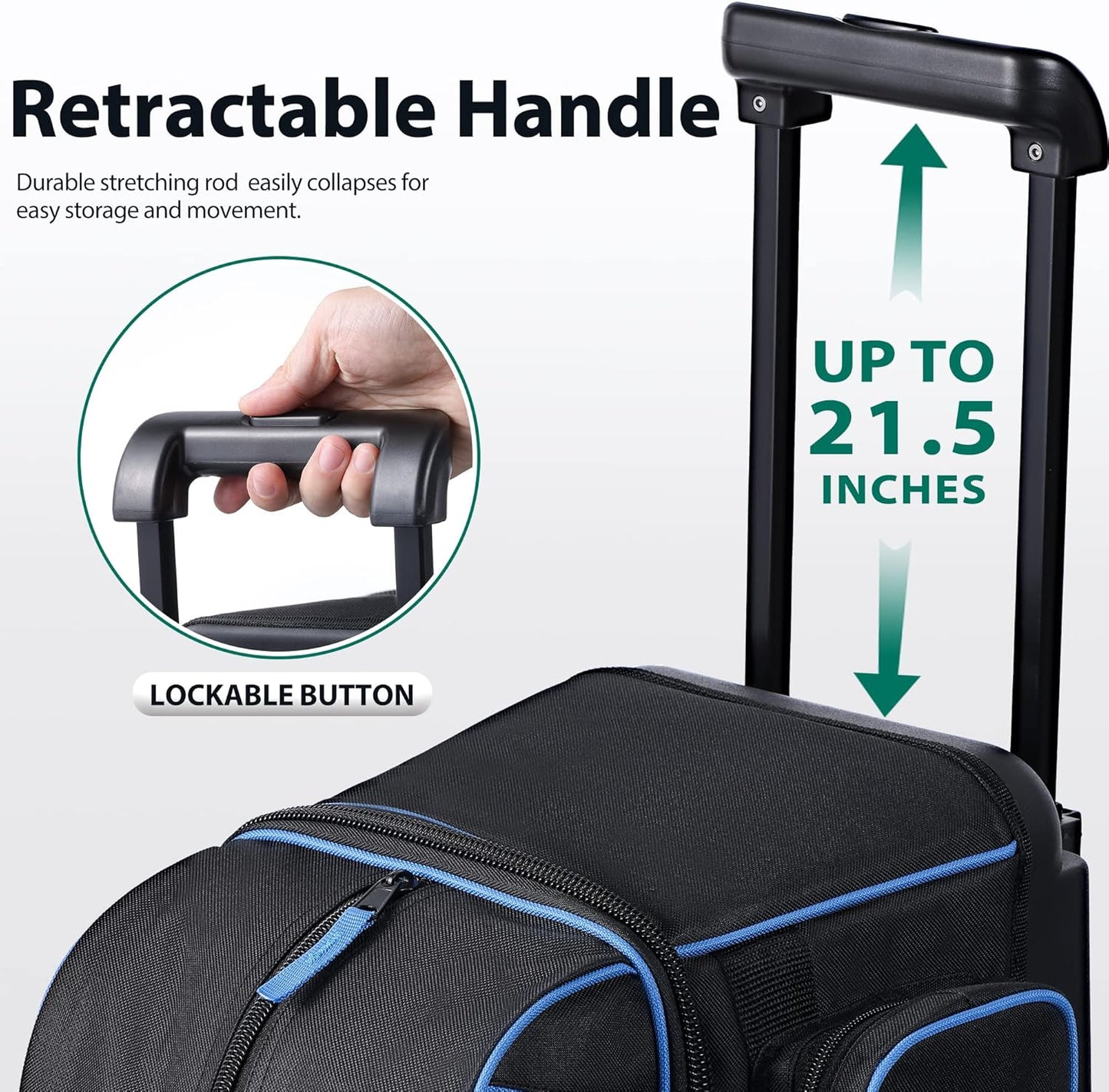 Double Roller 2 Ball Bowling Bag with Separate Shoe Compartment for Bowling Shoes (Up To US Mens Size 15) and Oversized Accessory Pocket, Retractable Handle - Extends to 40"