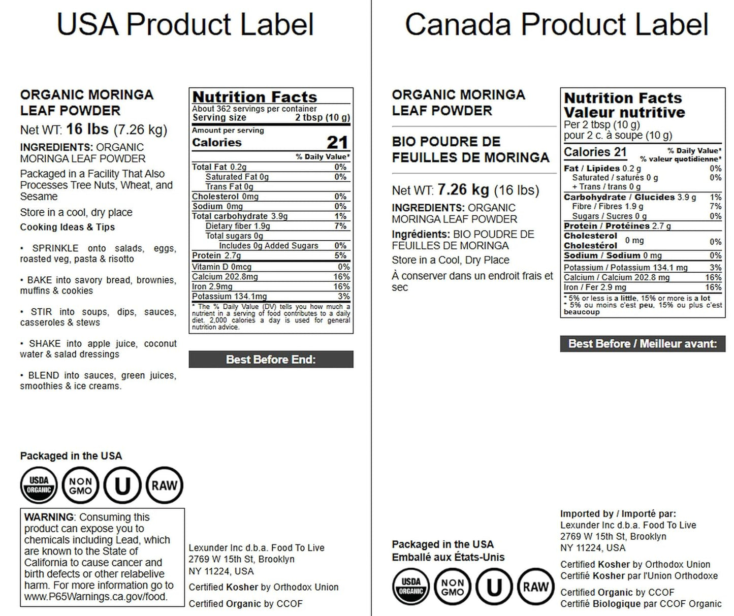 Food to Live Organic Moringa Leaf Powder, 16 Pounds - Non-GMO, Kosher, Raw, Vegan, Bulk, Ground Moringa Oleifera Leaf, Sun-Dried, Great for Drinks, Teas and Smoothies