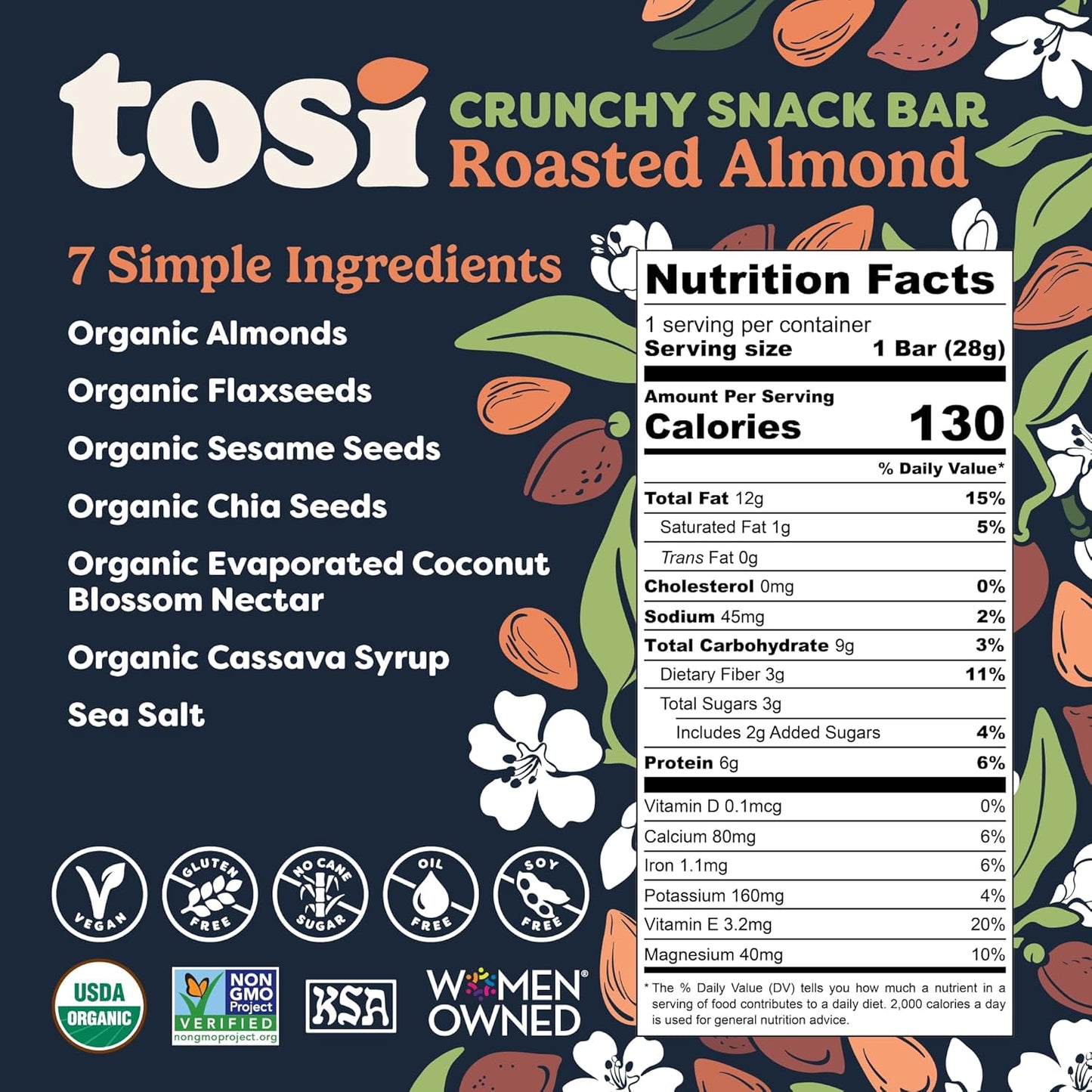 Tosi Almond Protein Bars, Plant Based with Nuts, Gluten-Free Crunchy Snacks, Vegan, Organic, Flax & Chia Seeds, Soy-Free, Omega 3s, 5G Protein, 1oz, 12-Pack