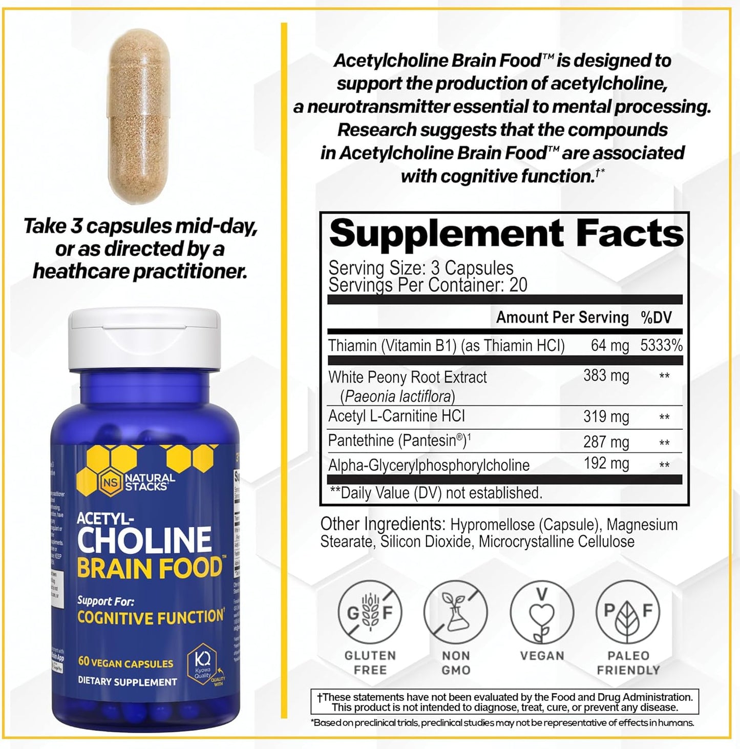 Acetylcholine Brain Food - Acetyl L-Carnitine & Alpha GPC Supplement - Supports Production of Acetylcholine - Neurotransmitter Supplement for Cognitive Function - 60 Capsules