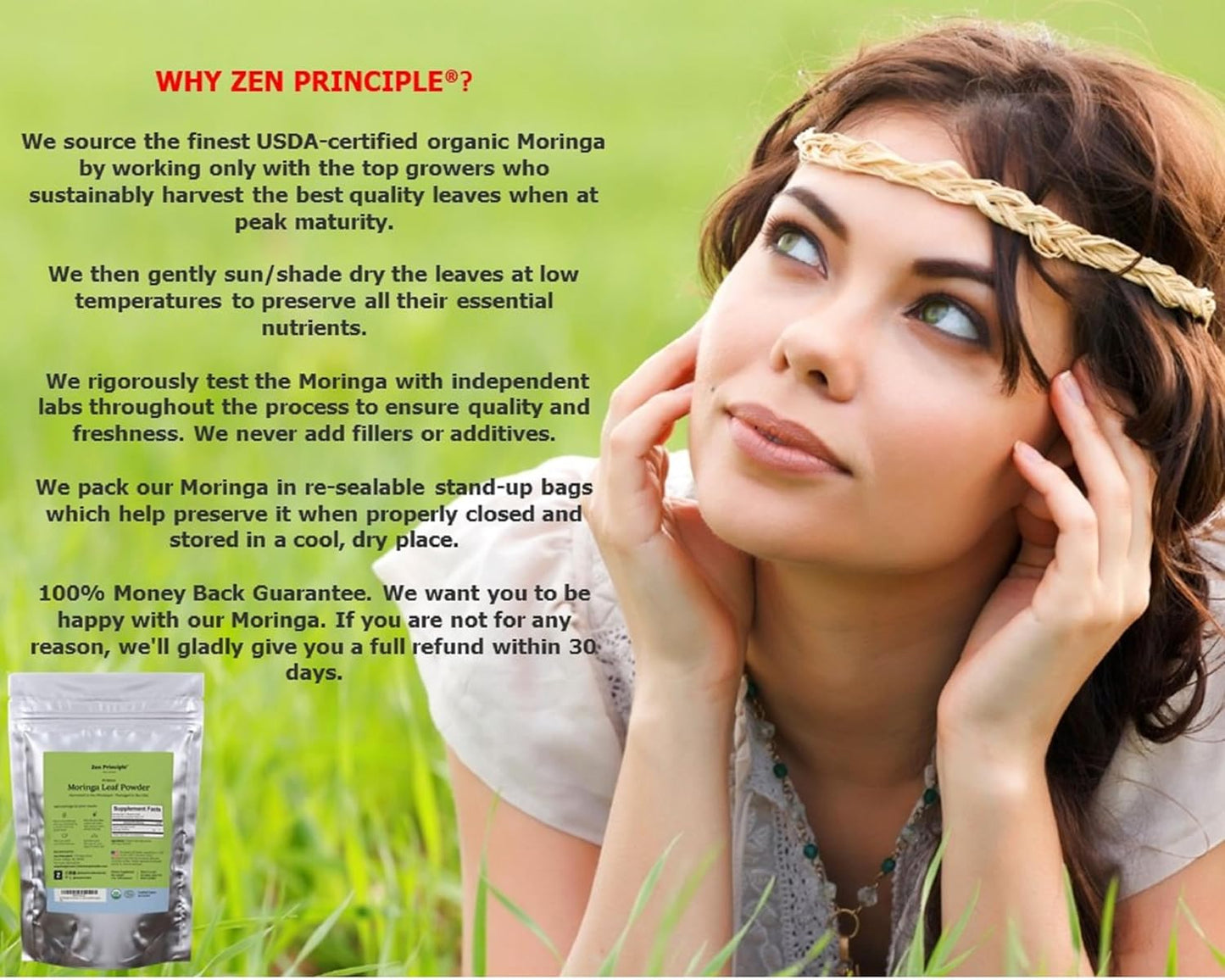 Zen Principle 1 lb. Premium Organic Moringa Oleifera Leaf Powder. USDA Certified Organic.