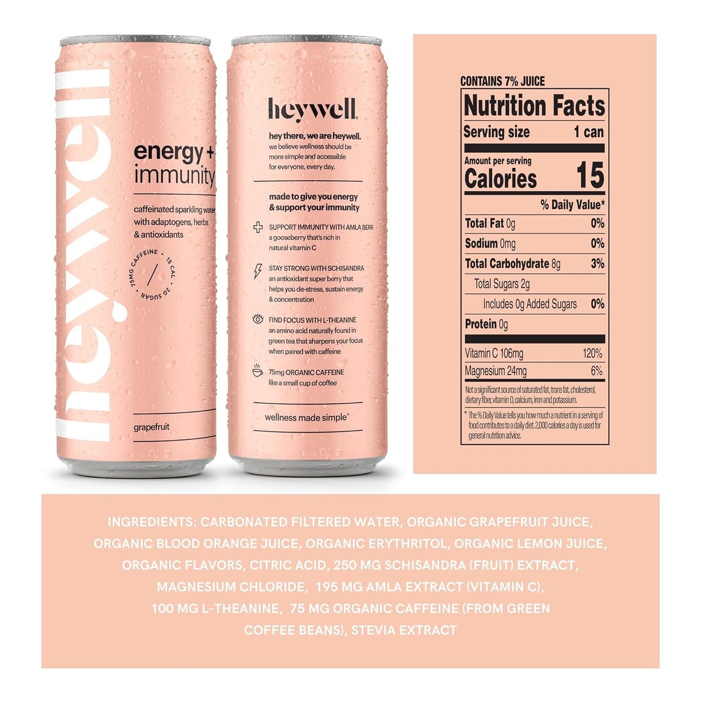 Heywell Sparkling Adaptogenic Water, Energy and Immunity, Grapefruit Flavor, 12 Fluid Ounce (Pack of 12) - Caffeinated, Organic, Non GMO, Vegan, Gluten Free, Dairy Free