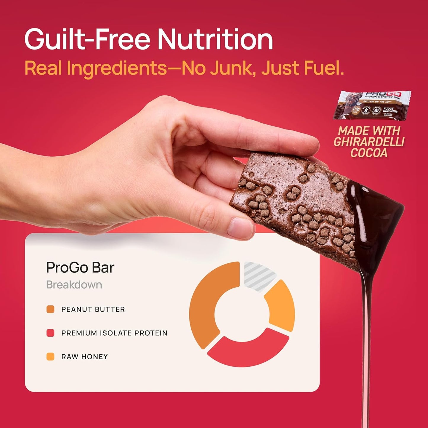 ProGo Protein Bars, Low Sugar, High Protein Snacks (21g) - 95% Pure Isolate for Faster Muscle Growth & Recovery, Low Calorie, Sweetened w/Peanut Butter & Honey (20-Count, Fudge Brownie)
