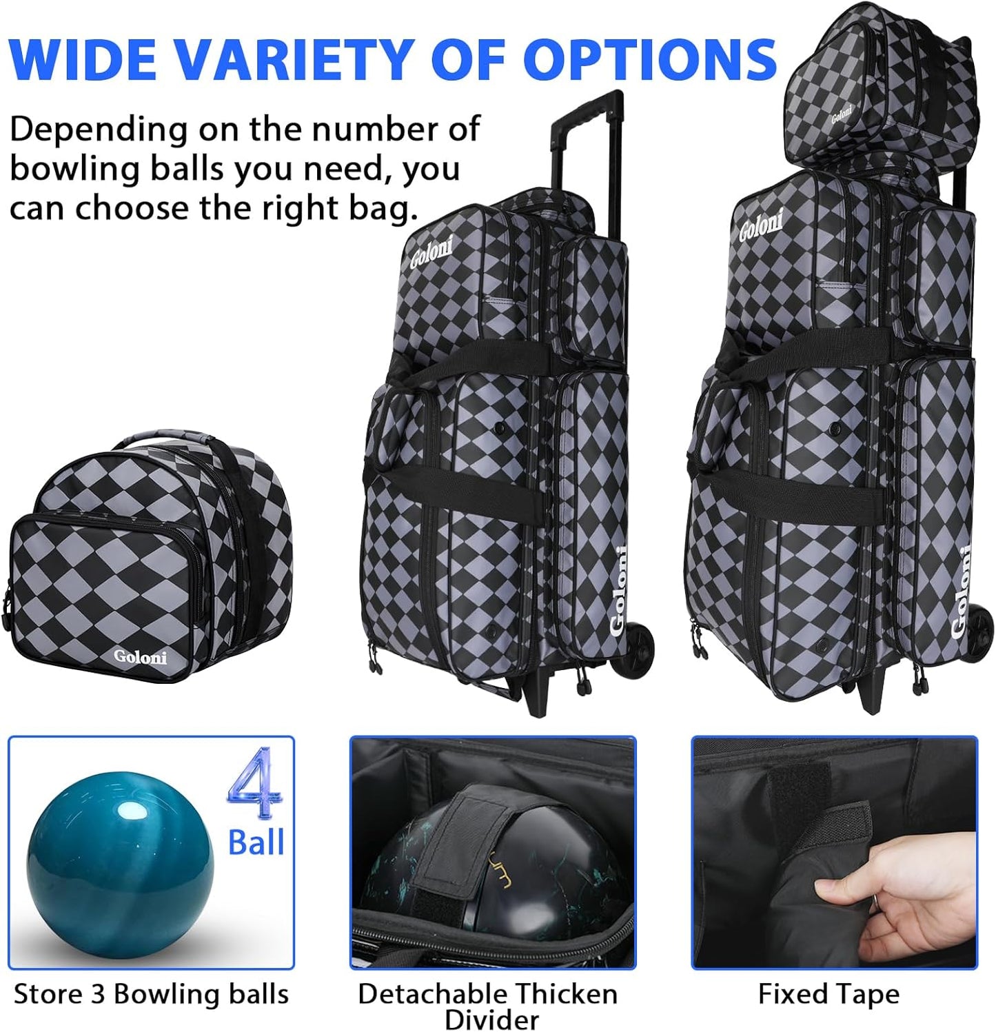 4 Ball Bowling Bags with Wheels,3 Ball Bowling Bag + 1 Ball Tote,Separate Shoe Compartment for Shoes (Up To US Men Size 16)