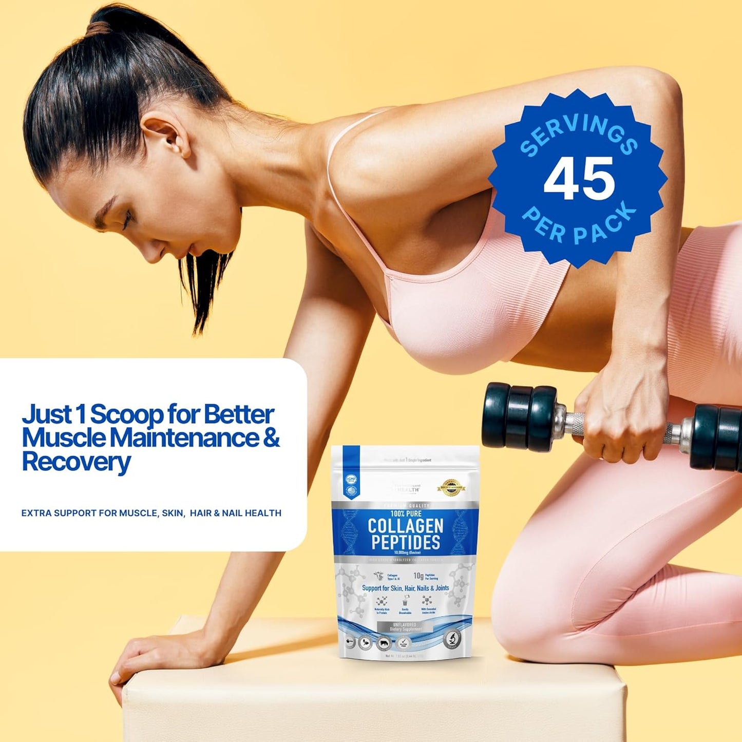 The Intelligent Health Collagen Peptides Powder, 45 Servings, Hydrolyzed Collagen, Type I & III, Grass Fed, Unflavored, Gluten Free, Keto/Paleo, 10g Servings, 15.9 Oz, Skin Support, Hair, Nail, Joints