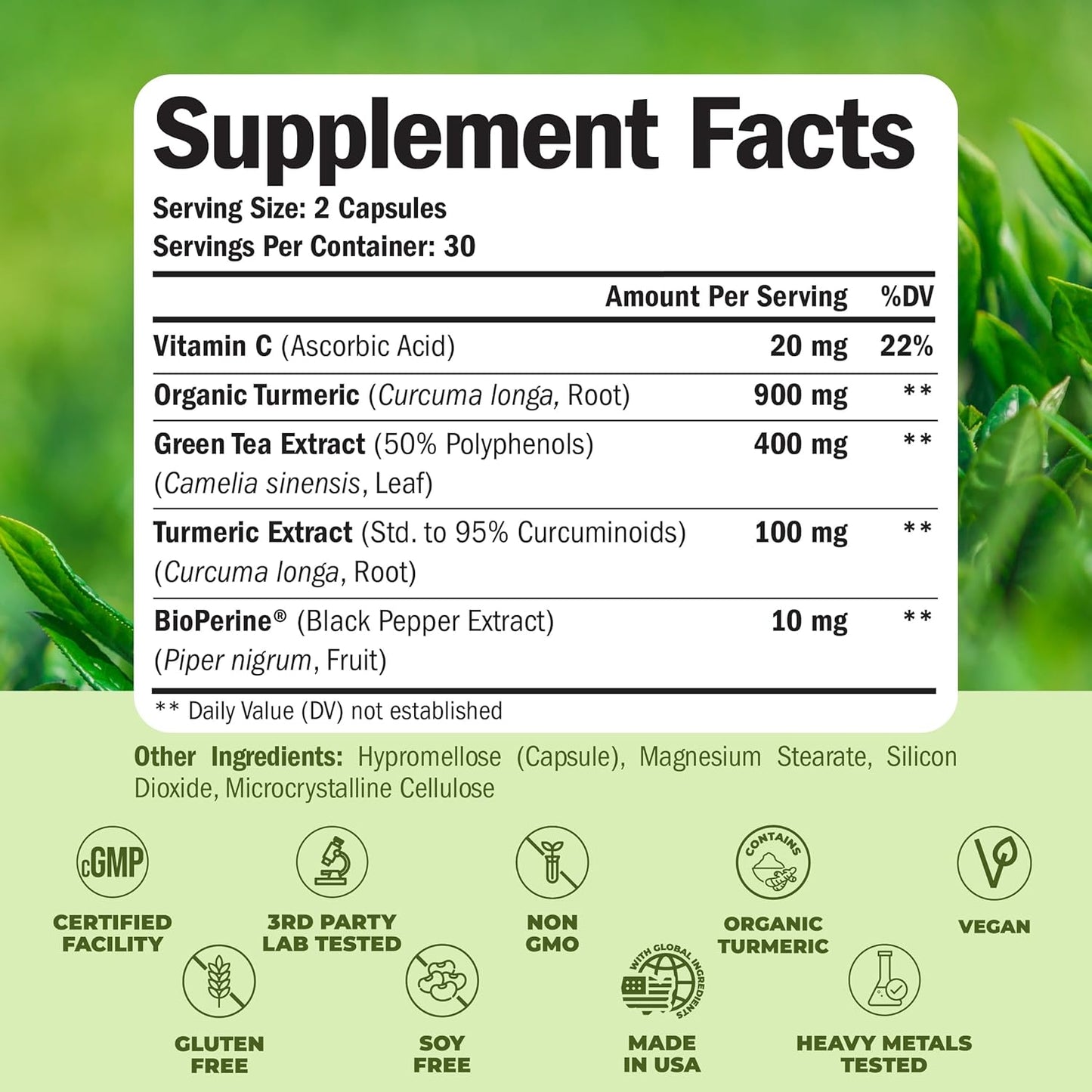 Turmeric Supplement & Green Tea Extract Capsules. Green Tea Supplement with Organic Turmeric Curcumin with Black Pepper & Vitamin C for Joint Health, Antioxidant Support & Healthy Metabolism. 2 Pack