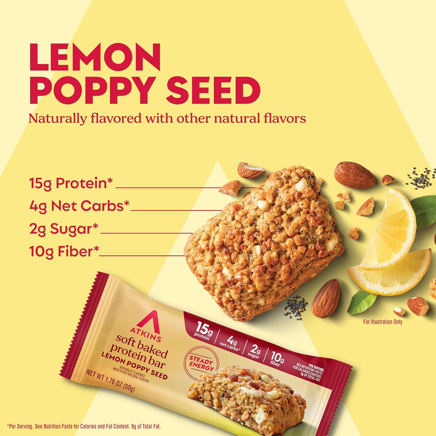 Atkins Soft Baked Protein Bars, Lemon Poppyseed, 15g Protein, 2g Sugar, Excellent Source of Fiber, Low Carb, 6 Packs (4 Bars Each)