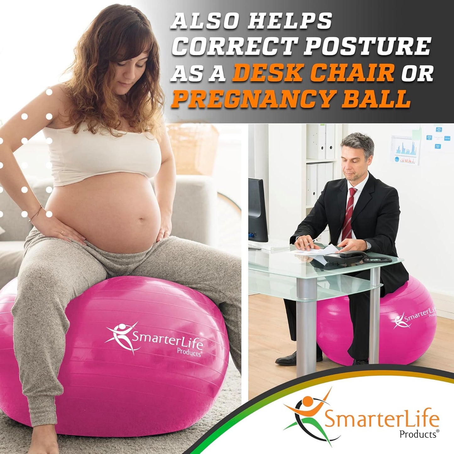 SmarterLife Exercise Ball Yoga Ball for Fitness, Balance, Stability, or Pregnancy, Gym Ball for Core Workout, Physical Therapy, Yoga Ball Chair for Office, Anti-Slip Anti-Burst