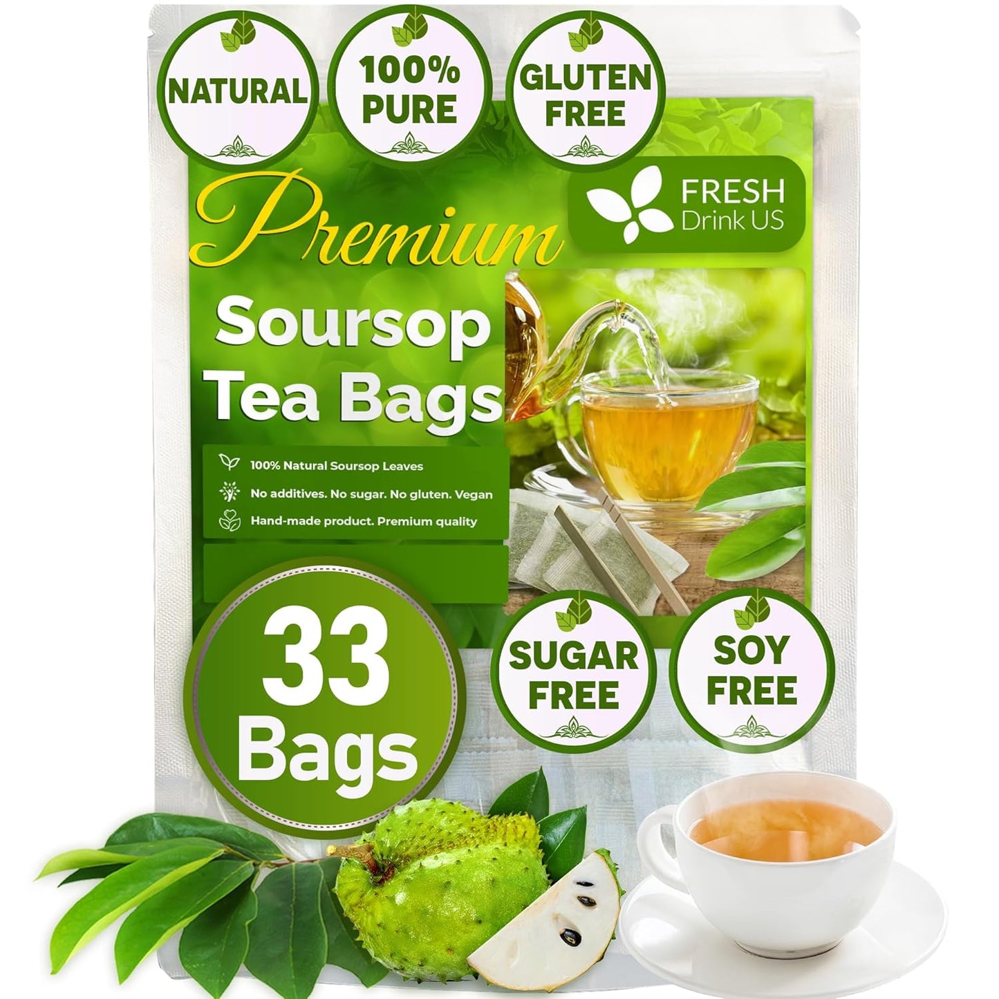 FreshDrinkUS, Premium 33 Soursop Graviola Leaf Tea Bags, 100% Natural & Pure from Soursop Leaves, Hoja Guanabana Herbal Tea. Made with Natural Material Tea Bags. No Sugar, No Caffeine, Vegan.
