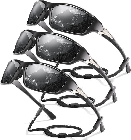 3 Pack Polarized Sports Sunglasses for Men, Mens Sunglasses Wrap Around UV400 Protection for Cycling Fishing Driving