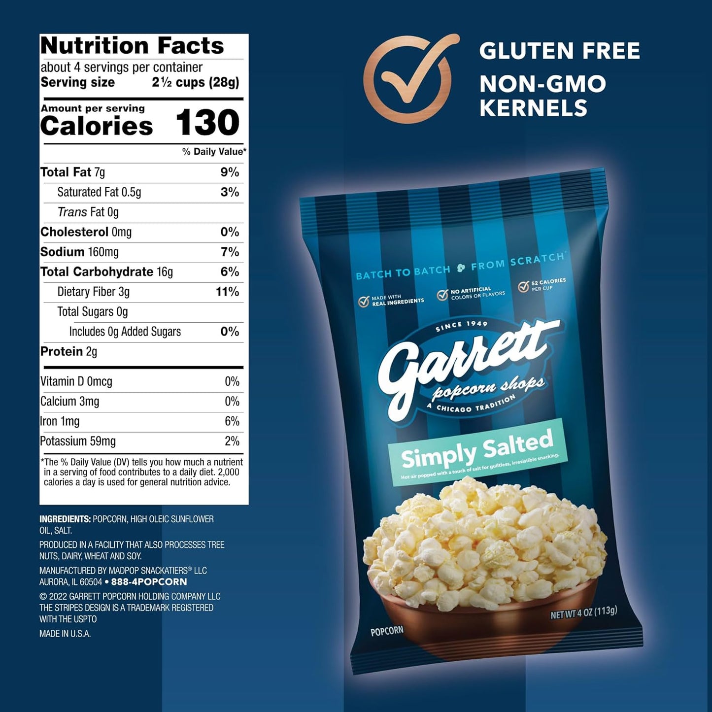 Garrett Popcorn Simply Salted, 4.0oz, 4 Bags, Light Salty Snack, Vegan, Gluten Free, Only 3 Ingredients, Popped Popcorn Bags