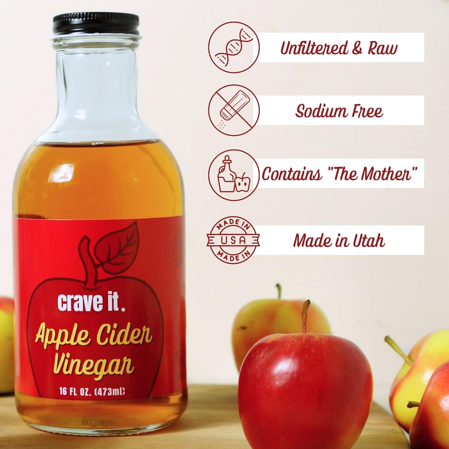 Crave It. Apple Cider Vinegar with Mother - Gut Health & Digestion - Made with Utah Honey - 16oz - 4pk
