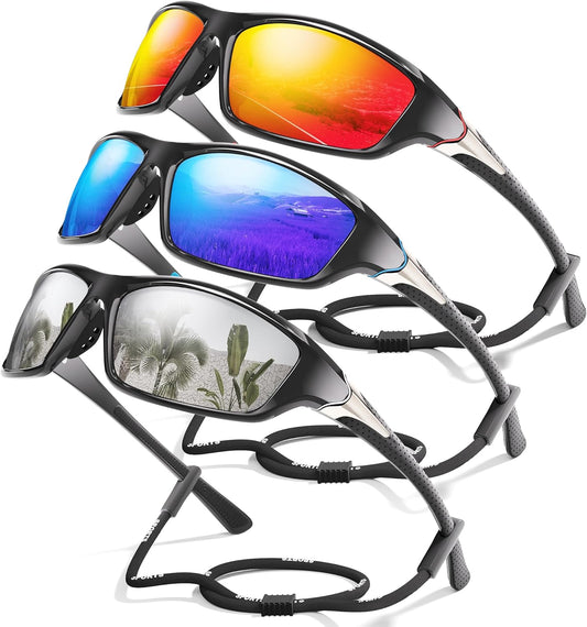 3 Pack Polarized Sports Sunglasses for Men, Mens Sunglasses Wrap Around UV400 Protection for Cycling Fishing Driving