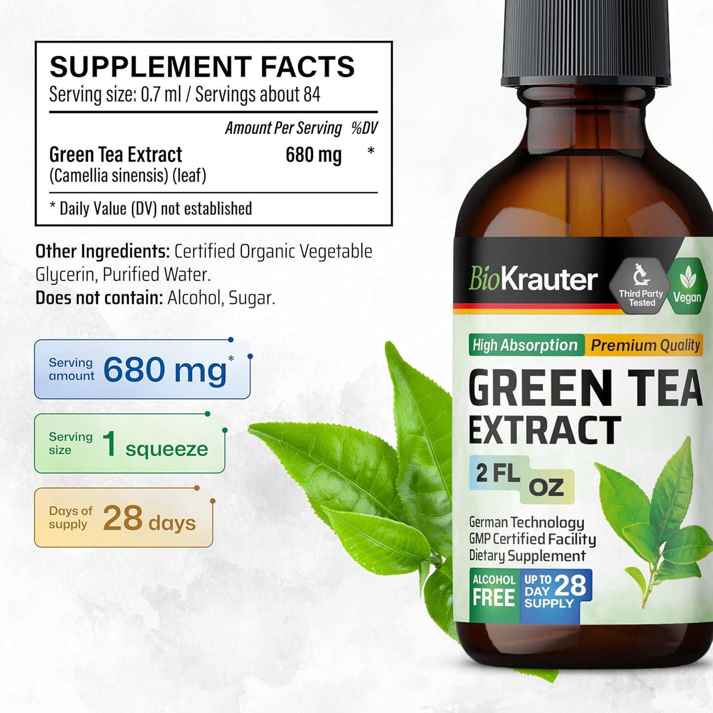 BIO KRAUTER Green Tea Extract Liquid Drops - Green Tea Supplements - Antioxidant Source - Alcohol and Sugar Free - 2 Fl.Oz.
