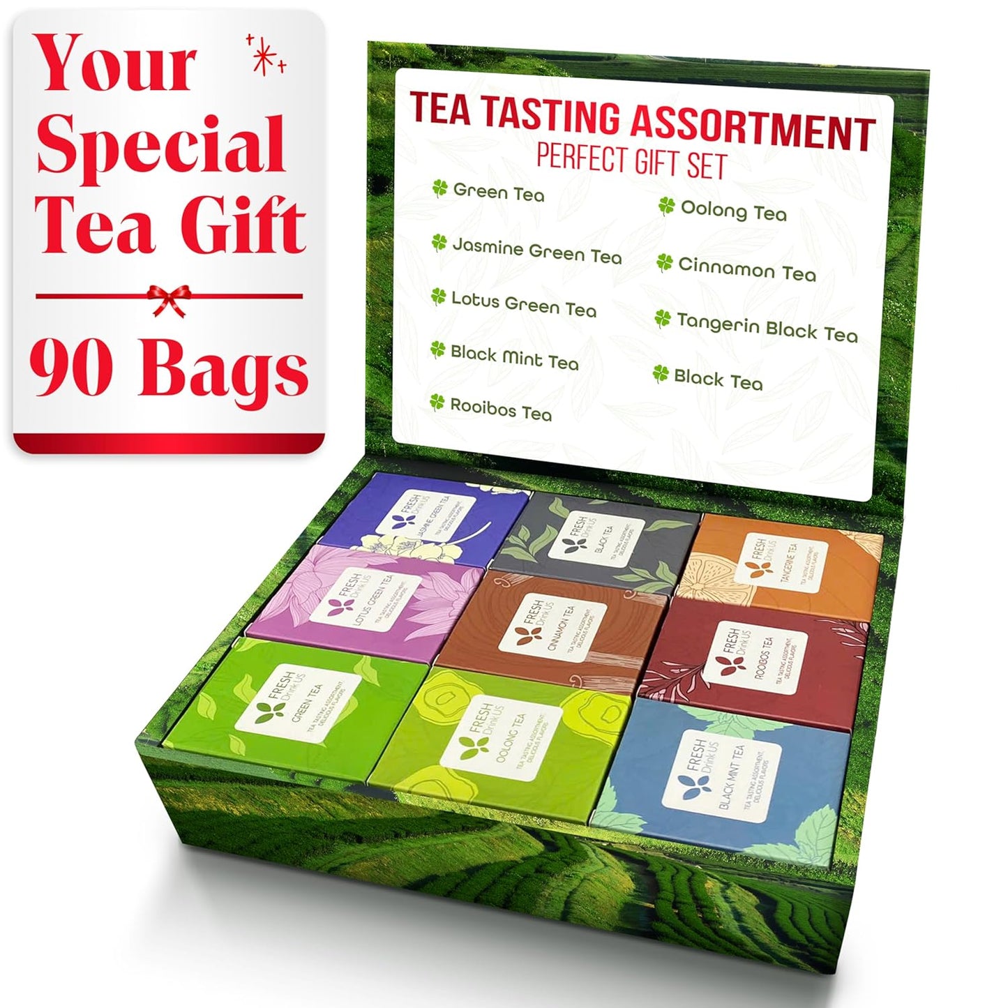 FreshDrinkUS, Premium 90 Tea Bags Sampler Assortment, 9 Different Flavors, 100% Natural Ingredients, Perfect and Well Combination Tea Gift for Tea Lovers, Friends and Family. No Additives, No Gluten, No Sugar, Vegan