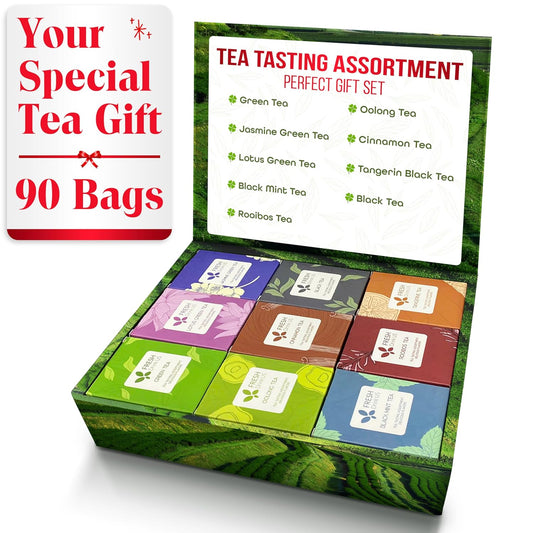 FreshDrinkUS, Premium 90 Tea Bags Sampler Assortment, 9 Different Flavors, 100% Natural Ingredients, Perfect and Well Combination Tea Gift for Tea Lovers, Friends and Family. No Additives, No Gluten, No Sugar, Vegan