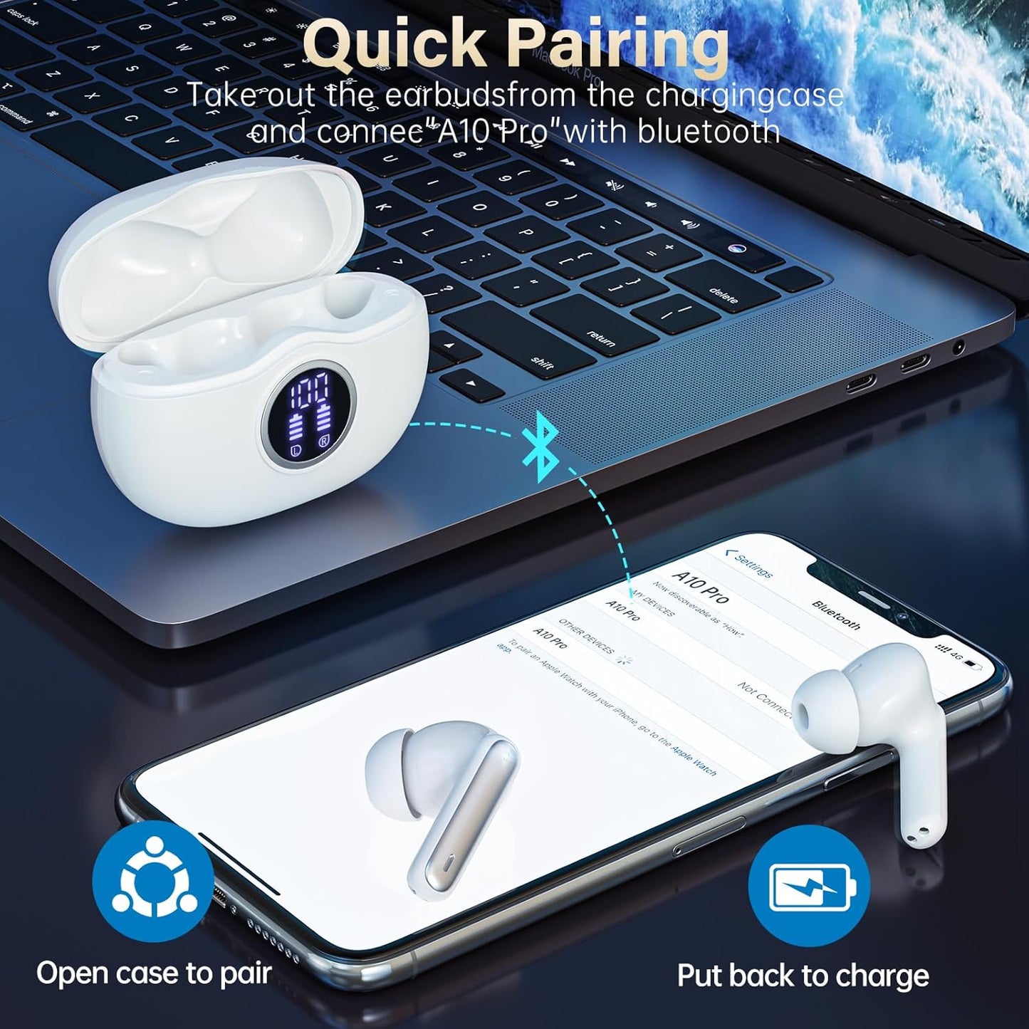 A10 Pro Wireless Earbuds, Bluetooth 5.3 Headphones HiFi Stereo 50H Playback LED Digital Display Ear Buds with ENC Noise Canceling Headset, IPX7 Waterproof Earphones for Gym/Running/Work