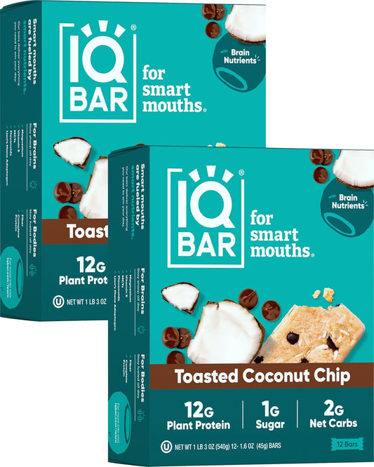 IQBAR Brain and Body Plant Protein Bars - Toasted Coconut Chip - 24-Count Low Carb - Gluten Free, High Fiber, Vegan Snacks - Low Sugar Meal Replacement