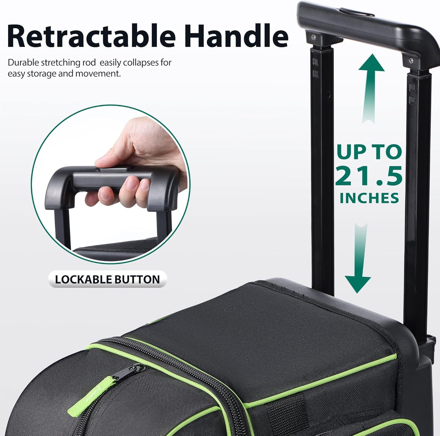 Double Roller 2 Ball Bowling Bag with Separate Shoe Compartment for Bowling Shoes (Up To US Mens Size 15) and Oversized Accessory Pocket, Retractable Handle - Extends to 40"