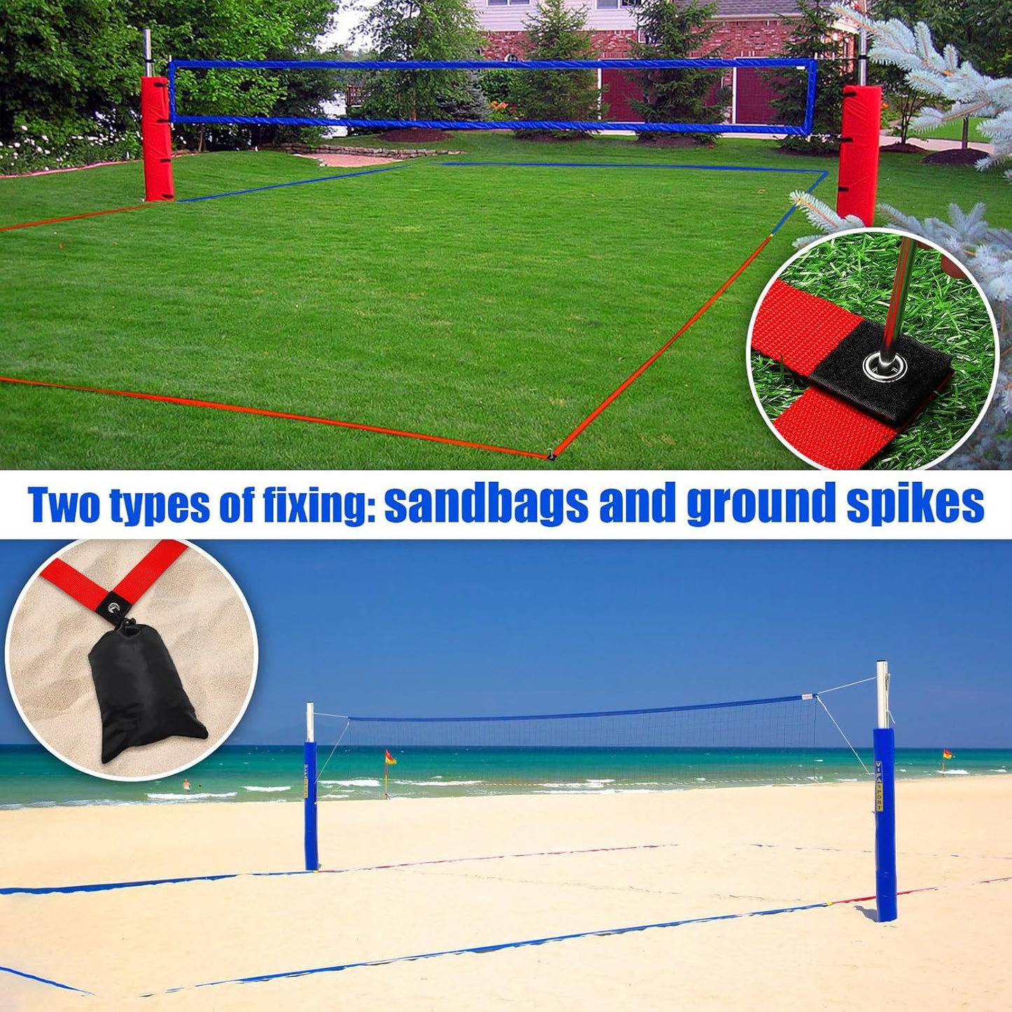 TOBWOLF 26.3' x 52.6' Beach Volleyball Lines, Volleyball Court Lines with Metal Anchors & SandBags,Highly Visible Marking Sand Lines with Metal Anchors & SandBags for Sand Outdoor Grass Backyard