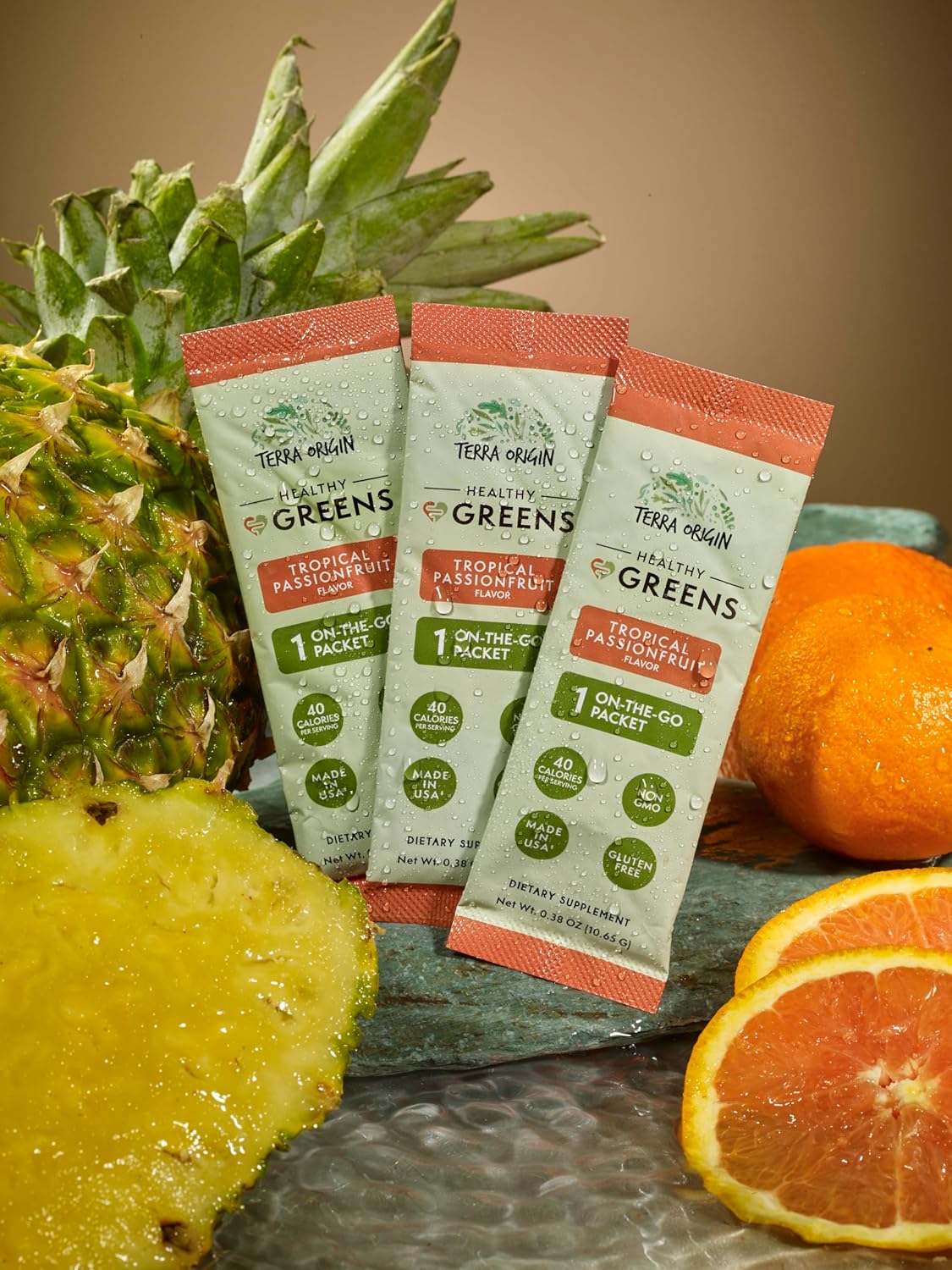 TERRA ORIGIN Greens Powder Superfood Supplement | 15 Packets | Supports Digestion | with Probiotic Blend, Digestive Enzymes, Antioxidants, Spirulina, Chlorella | Tropical Passionfruit