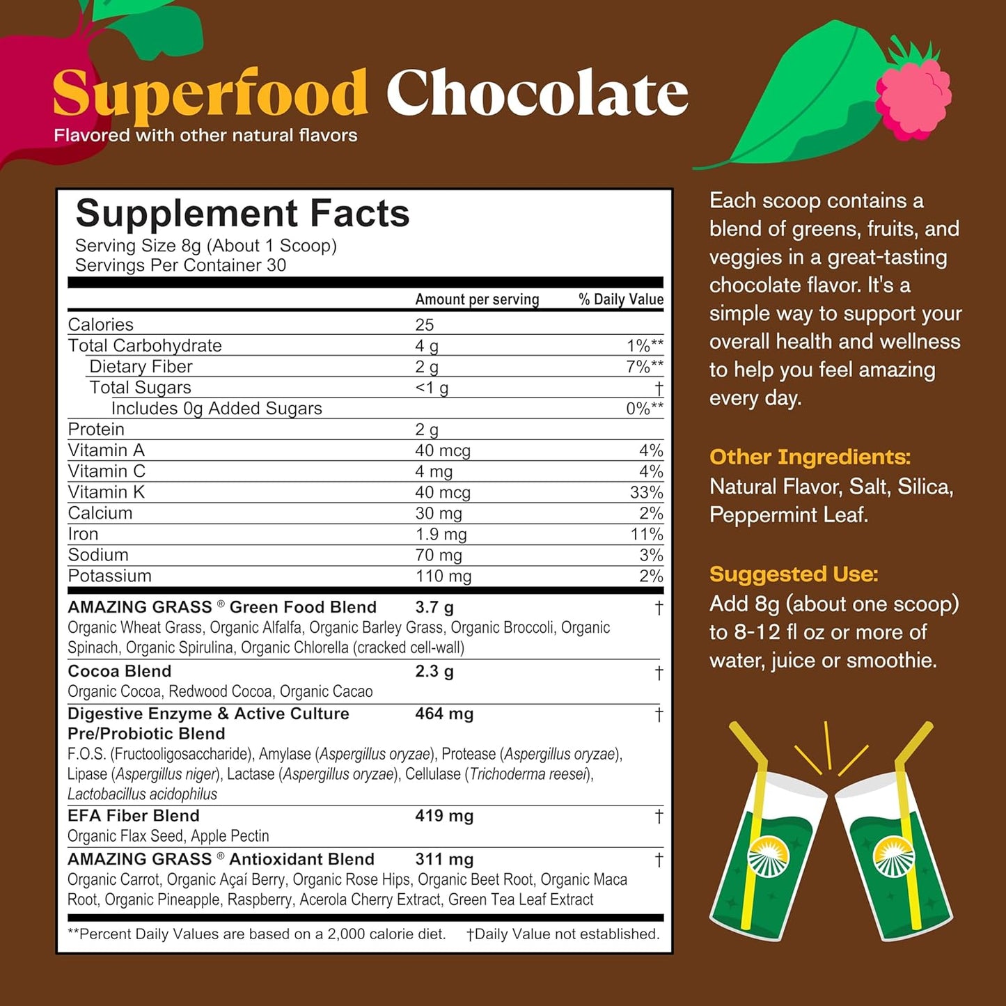 Amazing Grass Greens Superfood Powder: Greens Powder with Digestive Enzymes & Probiotics, Organic Spirulina, Chlorella, and Beet Root Powder, Chocolate, 30 Servings