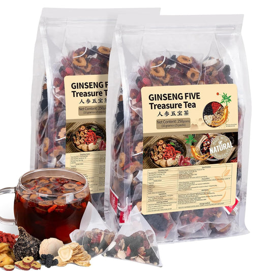 Ginseng Five Treasures Kidney Tea - Traditional Chinese Herbal, Natural Organic Cleanse Detox Tea for Women & Men, 7 Precious Ingredients Formula (2 Pack/50 Bags)