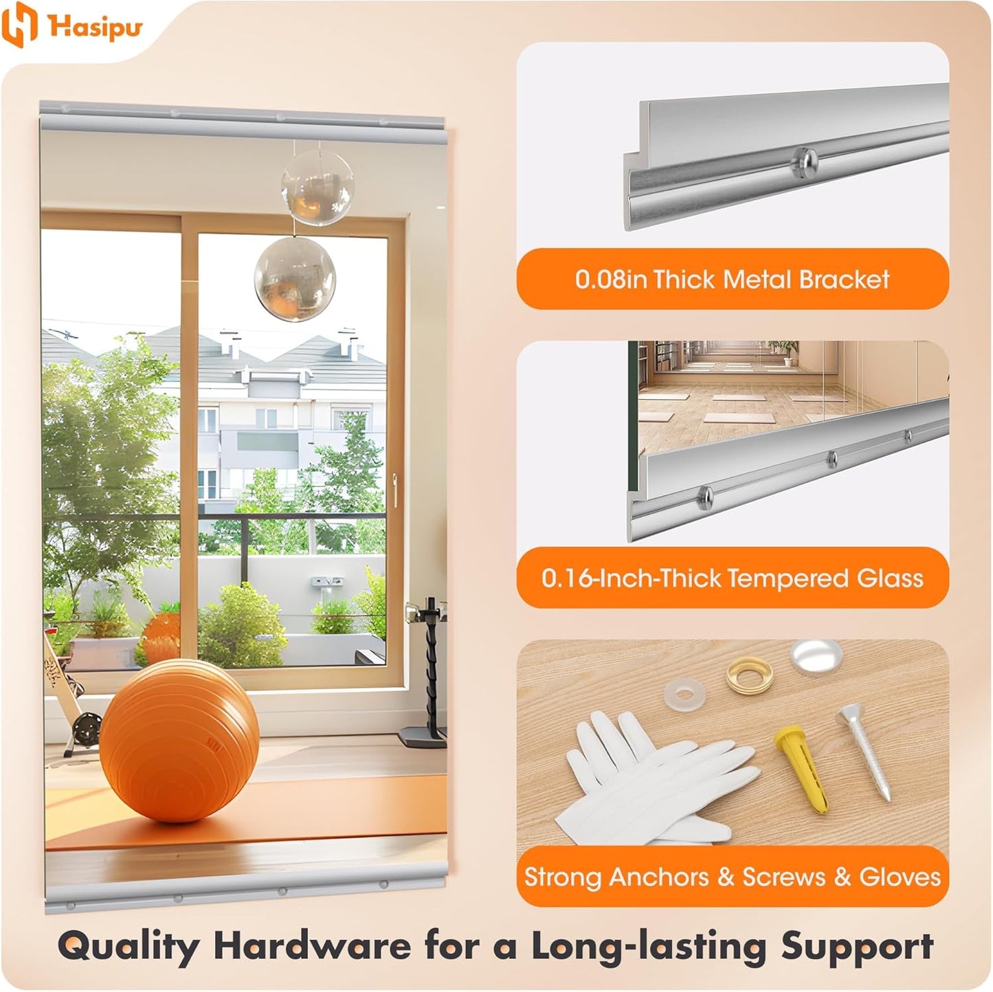 Hasipu Home Gym Mirror 55" L x 17" W - 2PCS Large Full Body Mirror for Yoga, Wall-Mounted Mirrors for Fitness, Garage, Dance Studio, 0.16in Tempered Glass Frameless