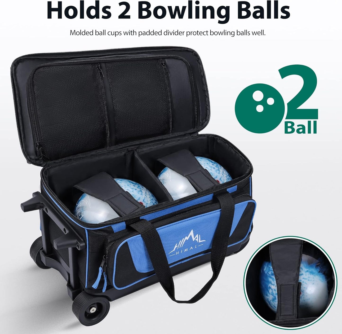 Double Roller 2 Ball Bowling Bag with Separate Shoe Compartment for Bowling Shoes (Up To US Mens Size 15) and Oversized Accessory Pocket, Retractable Handle - Extends to 40"