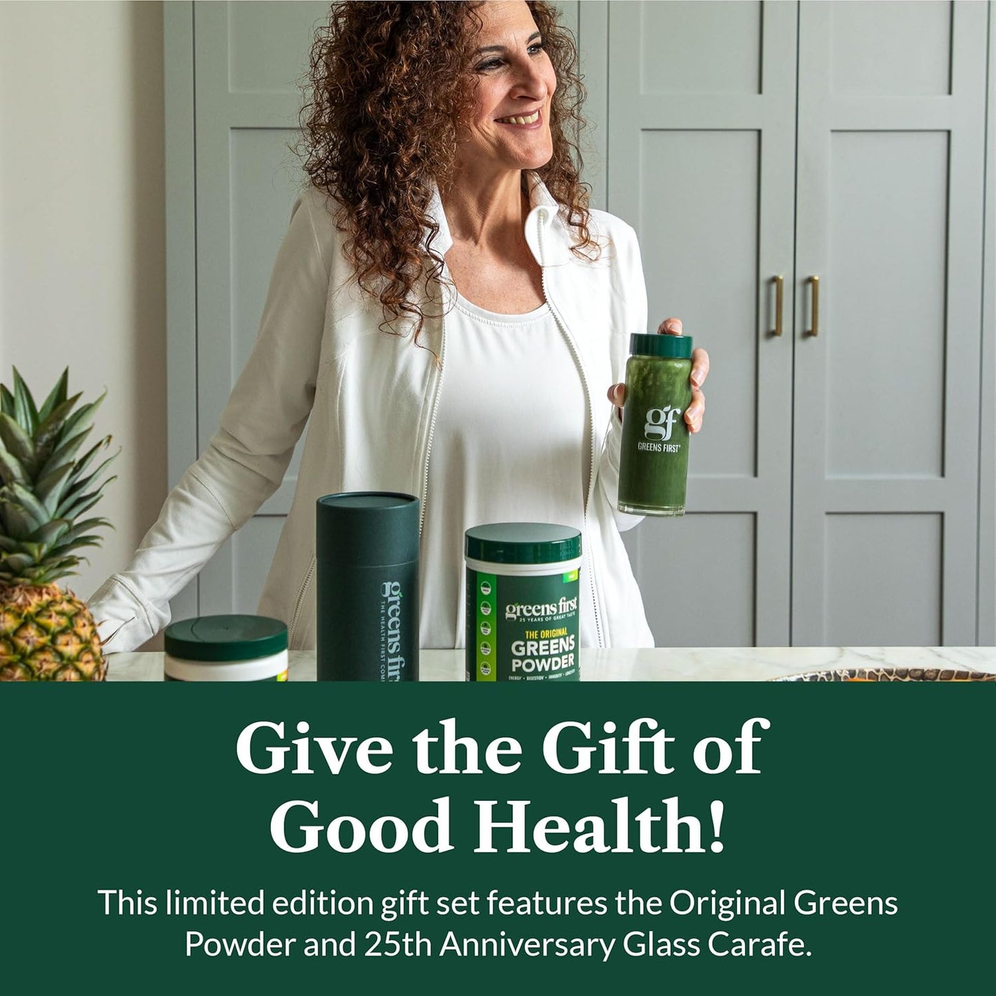 Greens First Gift Set - Limited Edition Glass Carafe & Organic Greens Powder - 49 Superfoods - Prebiotics, Probiotics & Digestive Enzymes - Dairy Free, Vegan & Non-GMO (Mint, 30 Servings)