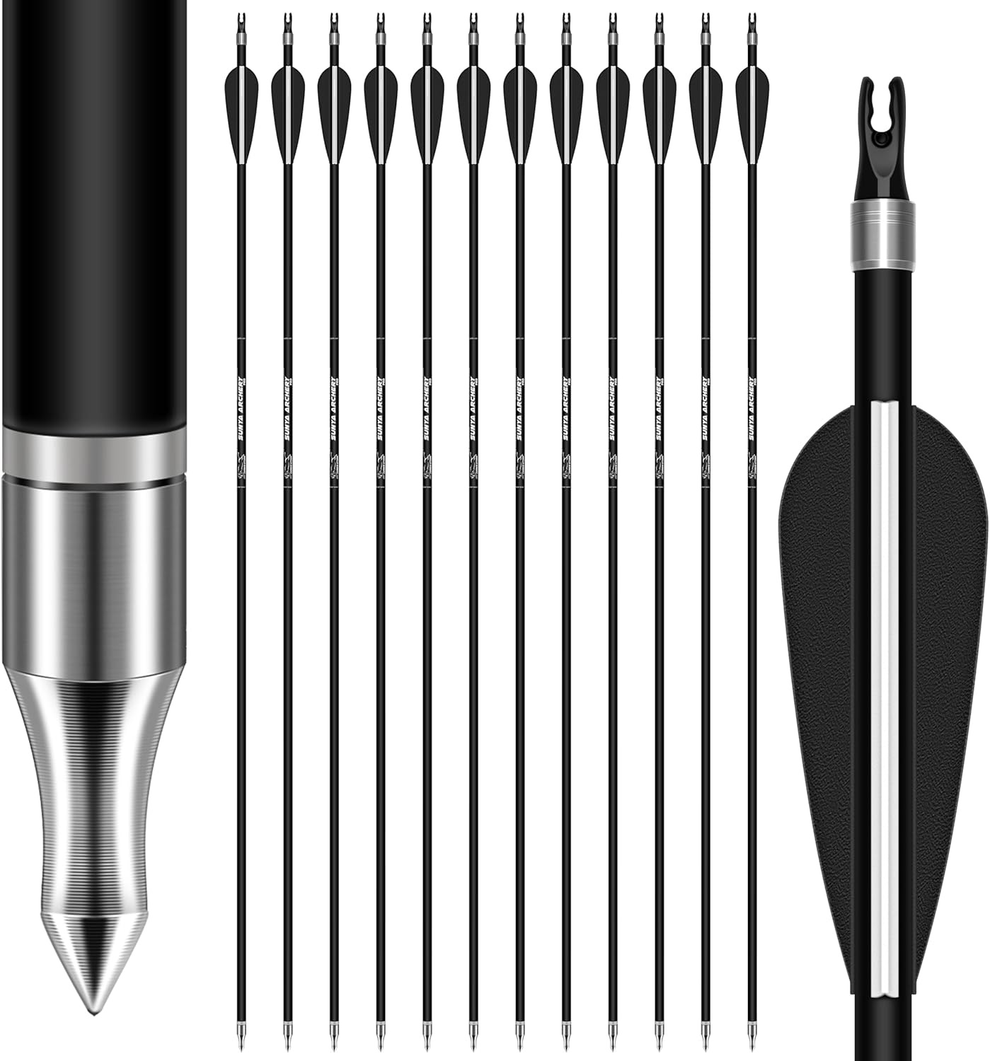 SUNYA 12-Pack 30 Inch Carbon Arrows Spine 500 or 400 for 40-60 LBS Bows｜Switch to Recurve/Compound Modes, Anti-Loose O-Ring & TPU Vanes for Hunting/Target Practice
