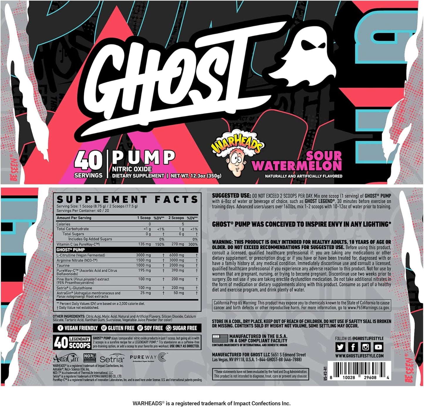 GHOST Pump Nitric Oxide Powder, Warheads Sour Watermelon - 40 Servings - Sugar & Stim-Free Pre-Workout Supplements- L-Citrulline, Arginine Nitrate & L-Glutathione - Soy & Gluten-Free, Vegan