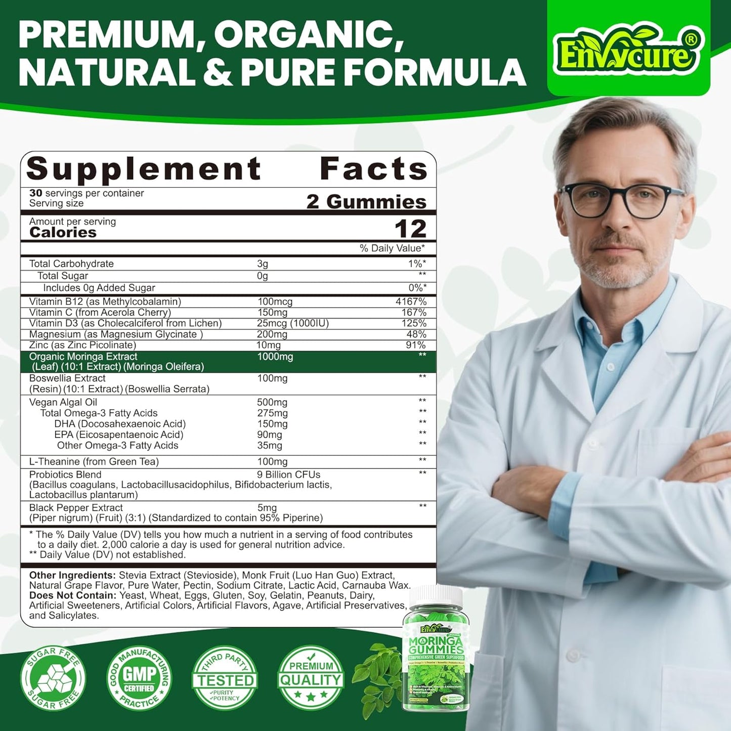 Organic Moringa Gummies 1000mg for Women Men, Liposomal Nutrient-Dense Pure Green Superfood, w/Vegan Omega-3, Boswellia, L-Theanine & Probiotic, for Energy, Focus, Antioxidants & Gut Health, 120Cts