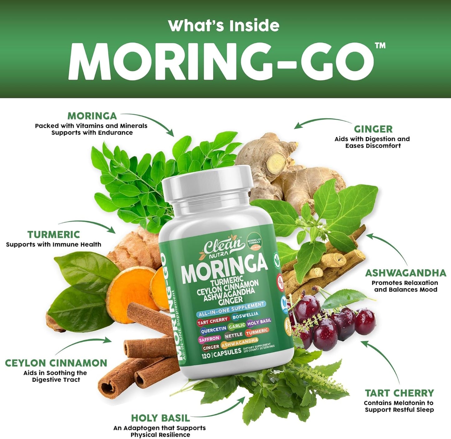 Moringa Powder Capsules + Turmeric Moringa Leaf Ceylon Cinnamon Ashwagandha Ginger Tart Cherry Boswellia Quercetin Garlic Holy Basil Saffron Nettle Black Pepper Moring-Go Supplement By Clean Nutra (2)