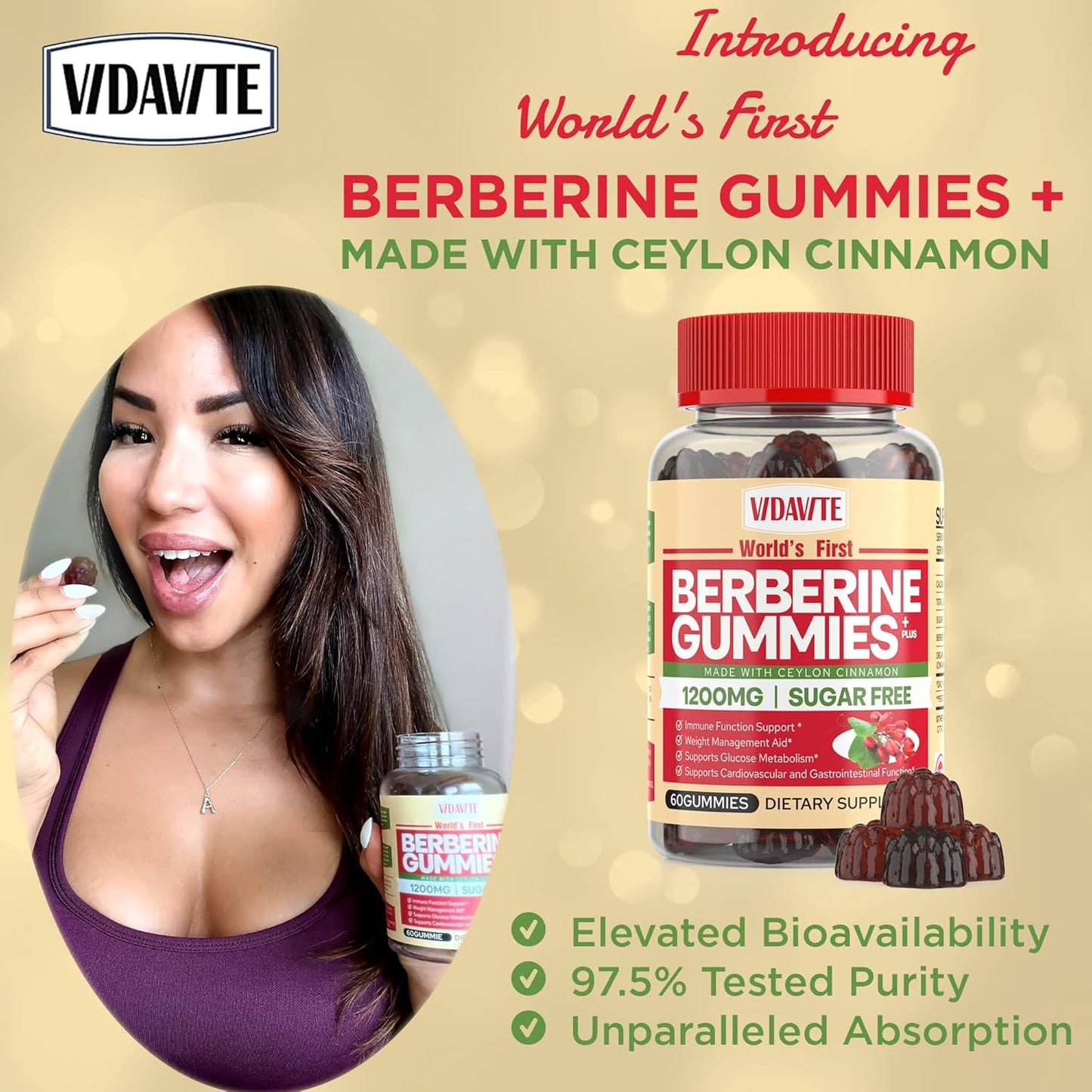 Berberine with Ceylon Cinnamon Gummies — Sugar-free, 98% Pure & 10x Absorption — 1200mg HCL Organic Berberine Supplement for Weight Management, Immunity, Metabolic & Digestive Health(30 Days)