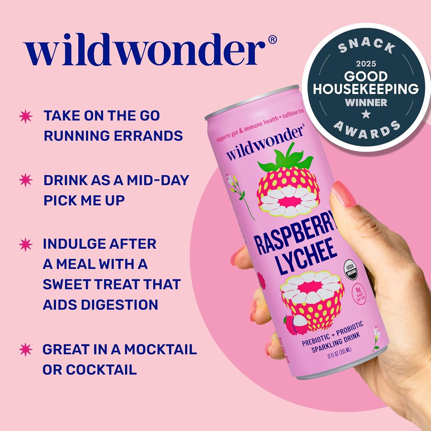 NEW! wildwonder Sparkling Probiotic Drink 12pk, For Gut Health & Immune Support, Raspberry Lychee, 5g Prebiotic Fiber, Live Probiotics, Organic, Vegan, Low Sugar, 12 Pack, 12oz Can, Seen on Shark Tank