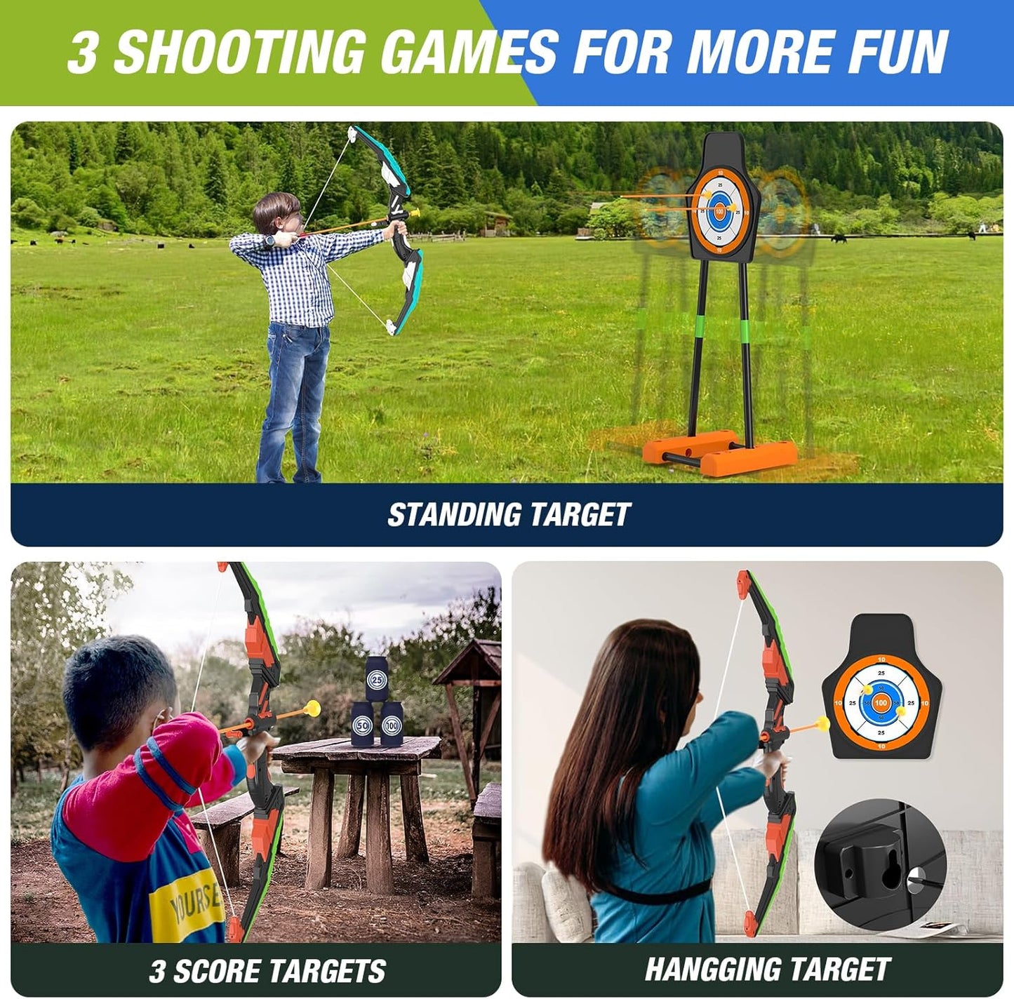 2 Pack Bow and Arrow with Moving Target for Kids, LED Light Up Archery Set with 24 Suction Cup Arrows, 6 Score Targets & 2 Quiver, Indoor Outdoor Sport Gifts for Boys Girls Ages 4-12