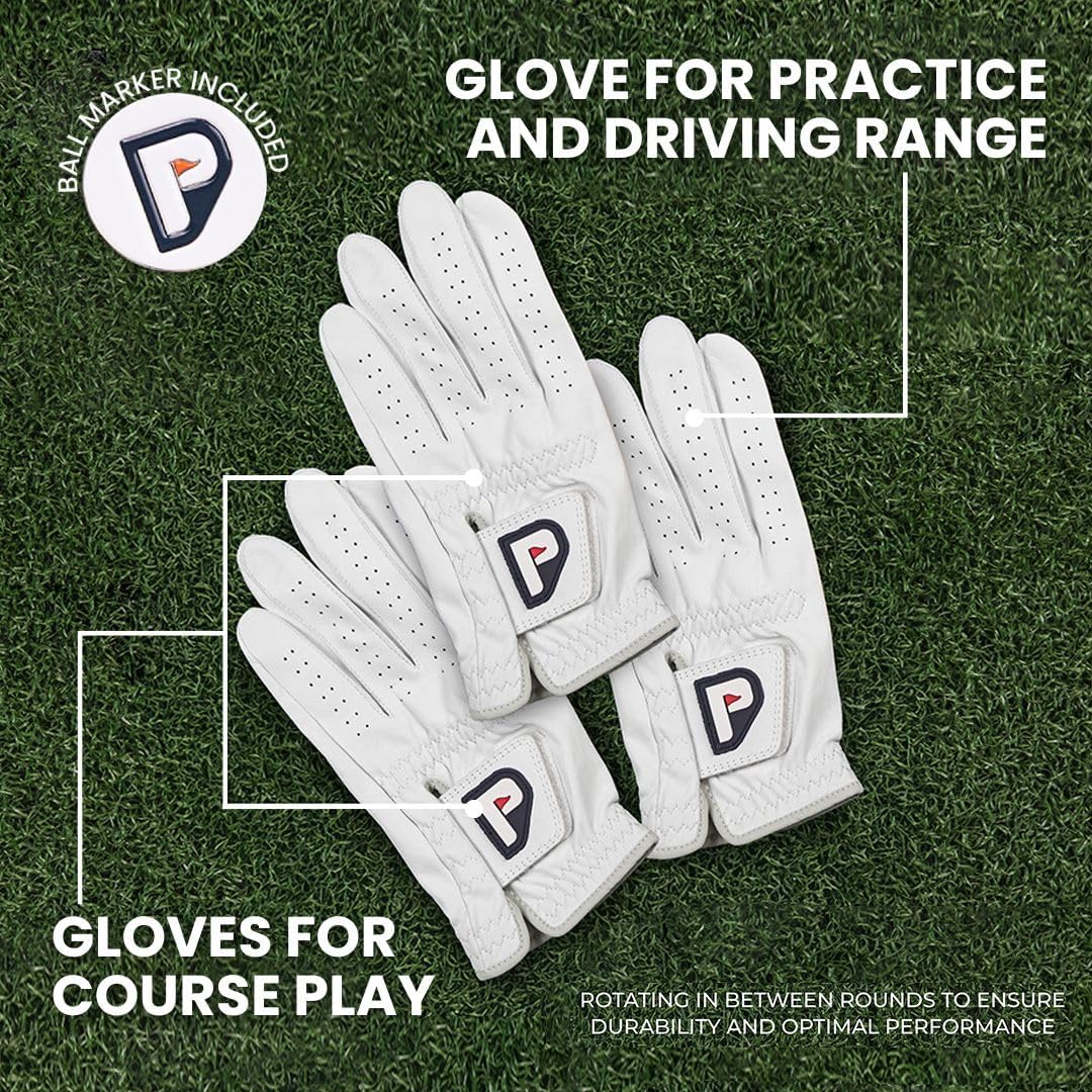 PUR3 3 Pack Golf Gloves Men Right Handed & Left Handed Golfer | Premium Cabretta Leather - Super Soft Feel - Men's Golf Glove with Ball Marker