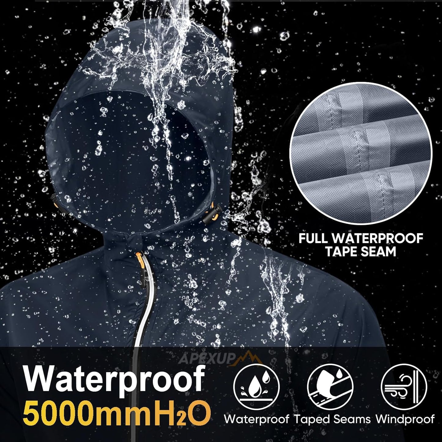 APEXUP Packable Rain Jacket Men with Reflective Zipper, Lightweight Waterproof Raincoat, Mens Rain Jacket for Outdoor Sports