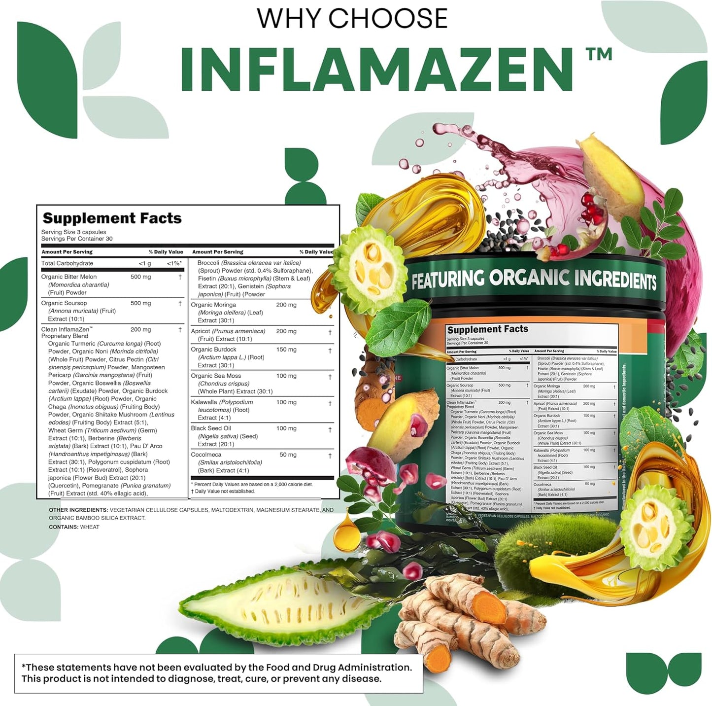Clean Nutra Soursop Supplement Moringa Sea Moss Black Seed Oil Berberine Turmeric Resveratrol Quercetin Greens Bitters Boswellia Bitter Melon Burdock Root Antioxidant Support 90 Capsules