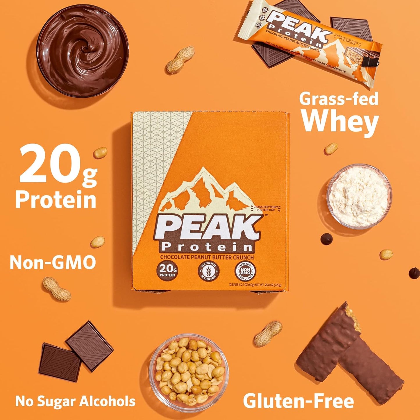 BARS - Chocolate Peanut Butter Crunch - Natural - Grass-Fed Whey - 20G Protein - Non-GMO - Gluten Free (12 Bars)