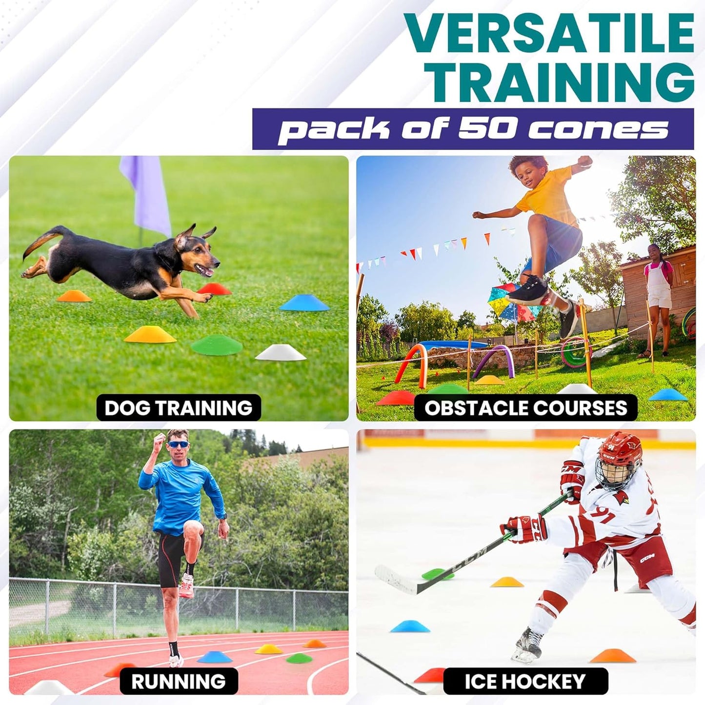 Training Soccer Cones 25/50/100 Pack with Carry Bag & Holder – 5 Colors – Agility Disc Cones Set Sports Practice Equipment for Soccer, Football, Basketball, Coaching & Speed